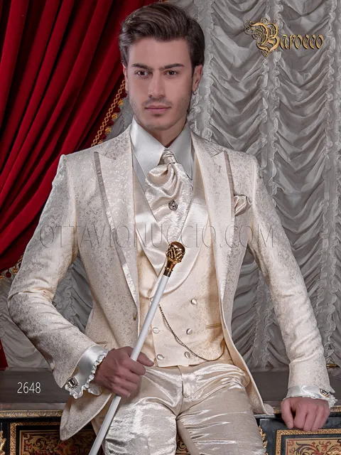 Men's baroque style wedding groom suit in ivory damask