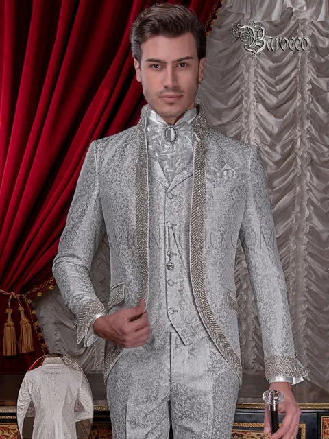 Abito da sposo di lusso broccato grigio perla con cristalli di strass