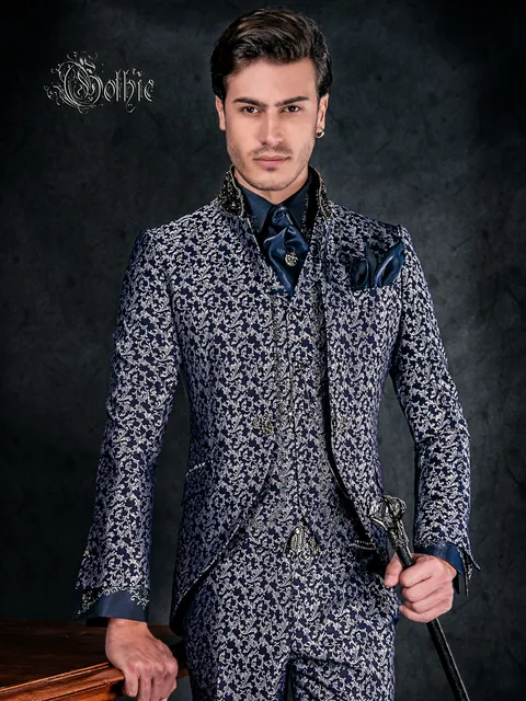 Men's mandarin collar suit in blue and silver with gothic-style trimming