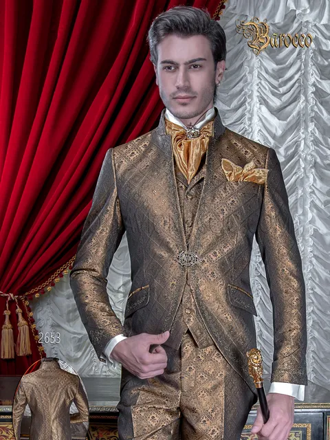 Baroque-style mandarin collar groom suit in embroidered bronze brocade