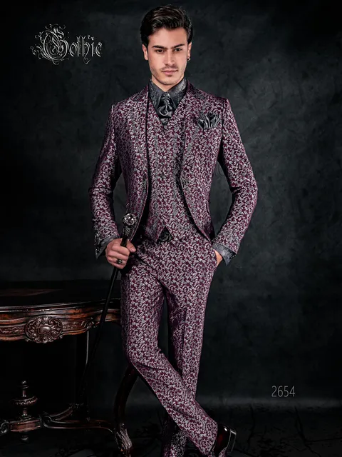 Men's gothic-style mandarin collar suit in plum and silver with trimming