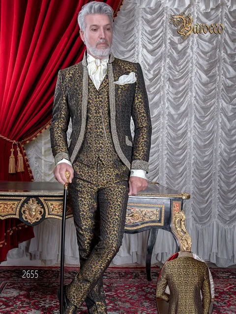 Luxury vintage groom suit in black and gold brocade with crystals