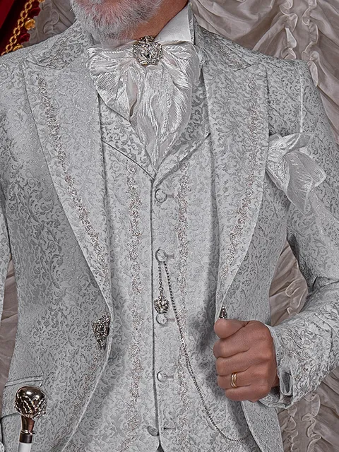 Pearl grey damask waistcoat with silver embroidery