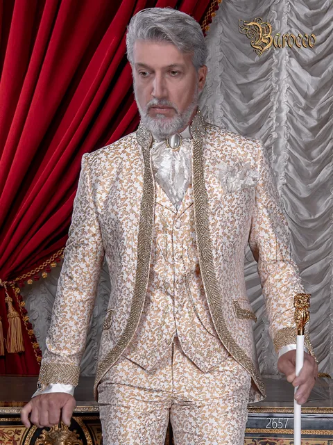 Men's luxury wedding suit in gold damask with crystal rhinestones