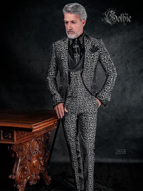 Men's gothic groom suit for weddings in black and silver brocade