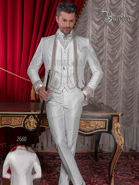Abito uomo matrimonio di lusso damascato bianco e strass di cristallo