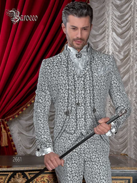 Abito sposo vintage broccato bianco e nero barocco ricamato nero oro