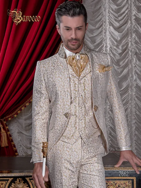 Mandarin collar groom suit in gold damask with crystals on the collar