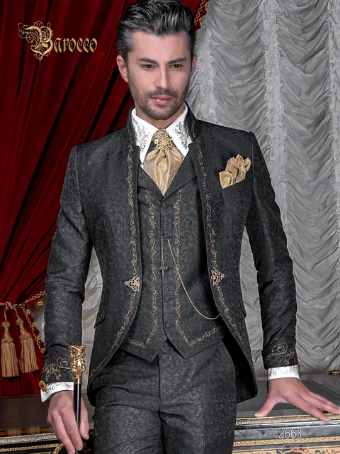 Mandarin collar groom suit embroidered in gold on black damask fabric