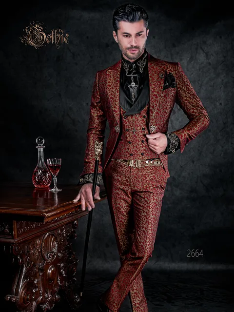 Men's luxury suit in red and gold brocade with gothic inspiration