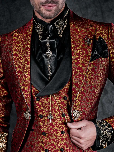 Double-breasted waistcoat in red and gold damask fabric, with shawl lapel in black satin fabric