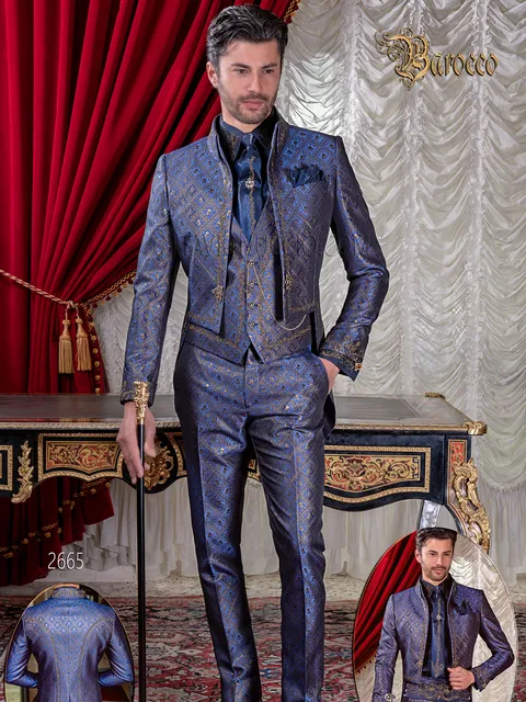 Men's baroque groom tailcoat suit in blue and gold brocade embroidered in gold