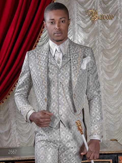 Men's baroque groom tailcoat suit in light grey brocade embroidered in gold
