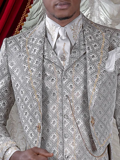 Shirt and Tie in white lurex fabric with gold embroidery