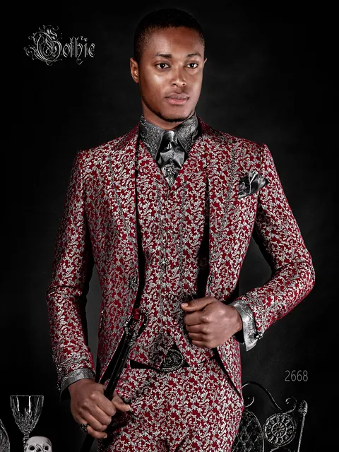 Gothic-inspired luxury groom suit in red and silver brocade