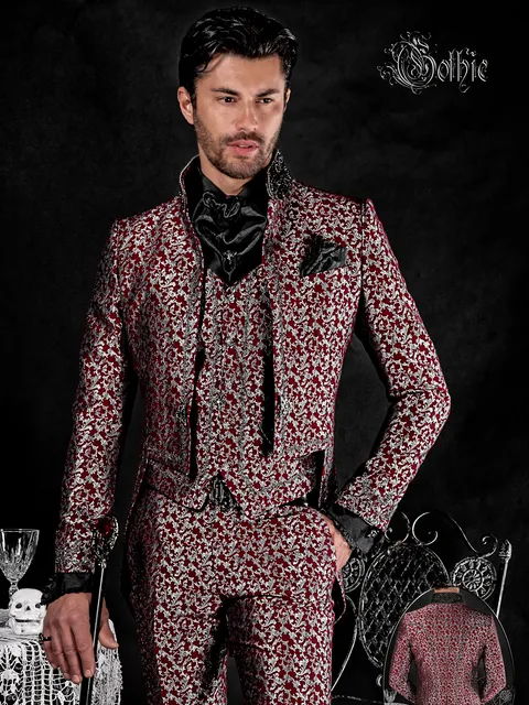 Tailcoat groom suit with gothic inspiration in red and silver brocade