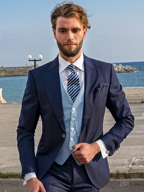 Groom formal suit in blue, light blue 5-button waistcoat