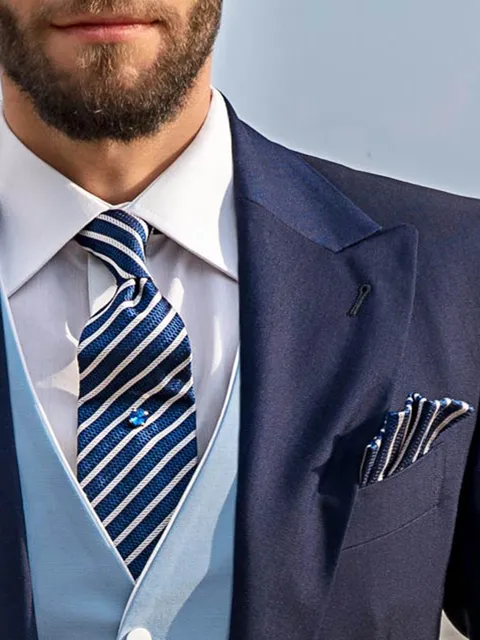 Tie and Handkerchief in silk with royal blue and grey stripes