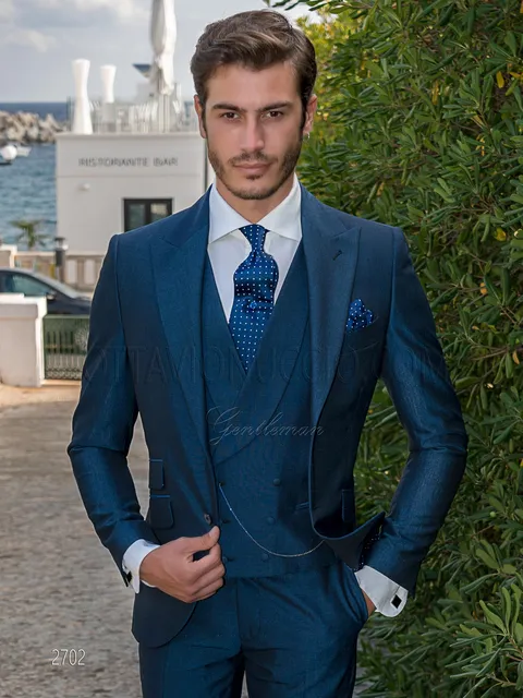 Men's formal suit with royal blue double-breasted waistcoat