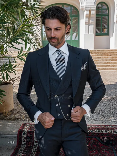 Men's classic formal suit in blue pure wool, double-breasted waistcoat