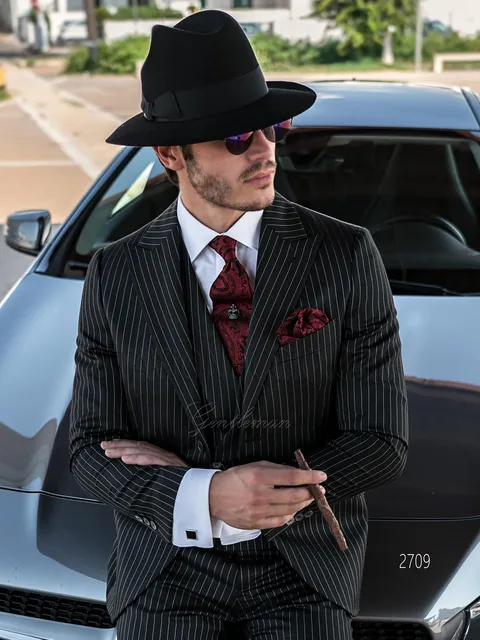 Men's classic formal suit, black pinstripe, double-breasted waistcoat