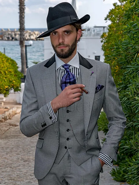 Men's vintage suit with waistcoat in black and white houndstooth