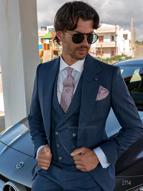 Men's classic formal suit, double-breasted waistcoat in blue Prince of Wales check