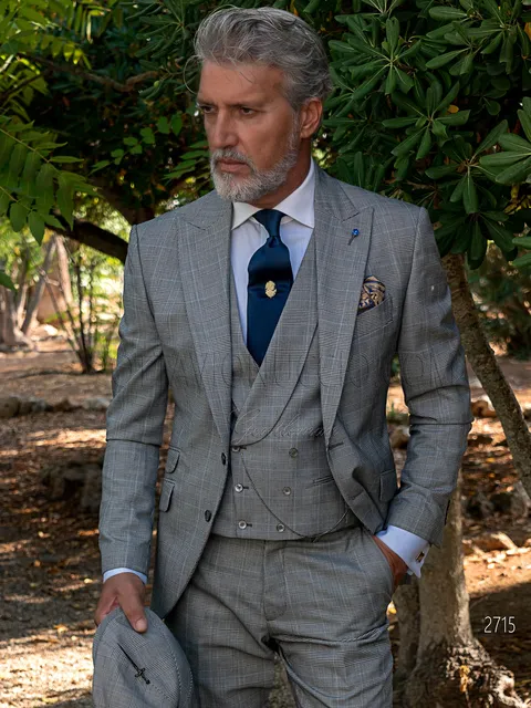 Men's 3-piece formal suit in grey Prince of Wales check with light blue overcheck