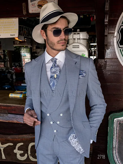 Vintage groom formal suit in royal blue houndstooth with asymmetric waistcoat