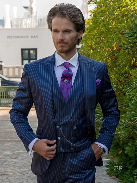 Formal suit with royal blue pinstripe double-breasted waistcoat
