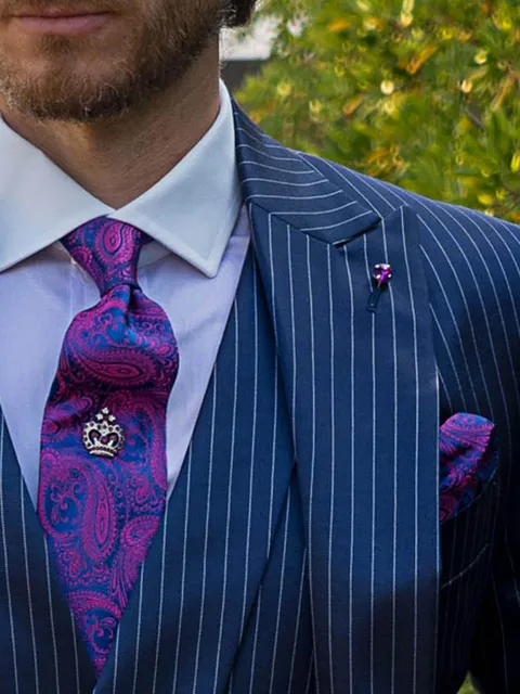 Tie and Handkerchief in royal blue paisley silk with fuchsia