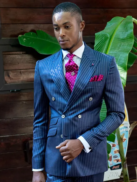 Men's modern double-breasted suit in royal blue pinstripe