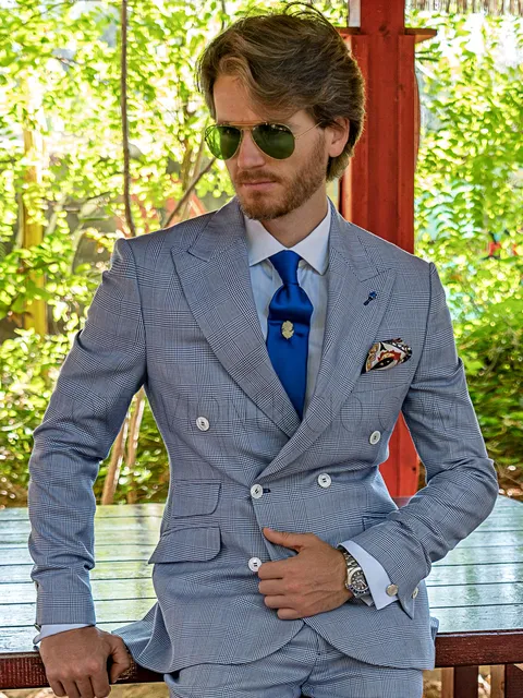 Modern double-breasted formal suit in royal blue Prince of Wales check