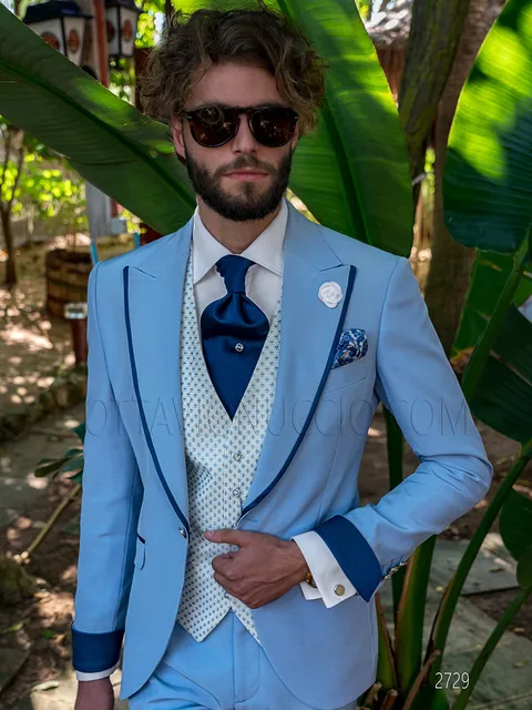 Men's light blue formal suit with blue contrasts and embroidered waistcoat