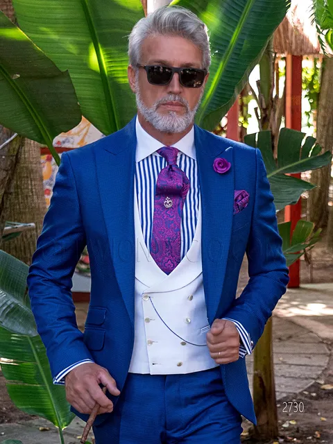 Men's vintage summer formal suit in blue houndstooth and white waistcoat