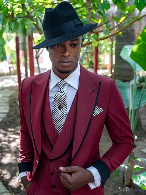Men's fashion formal suit in red wool blend with black contrasts