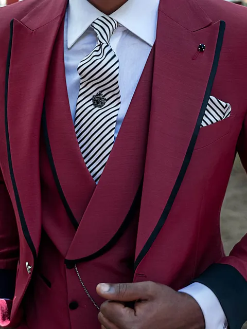 Double-breasted red shawl waistcoat with black trim
