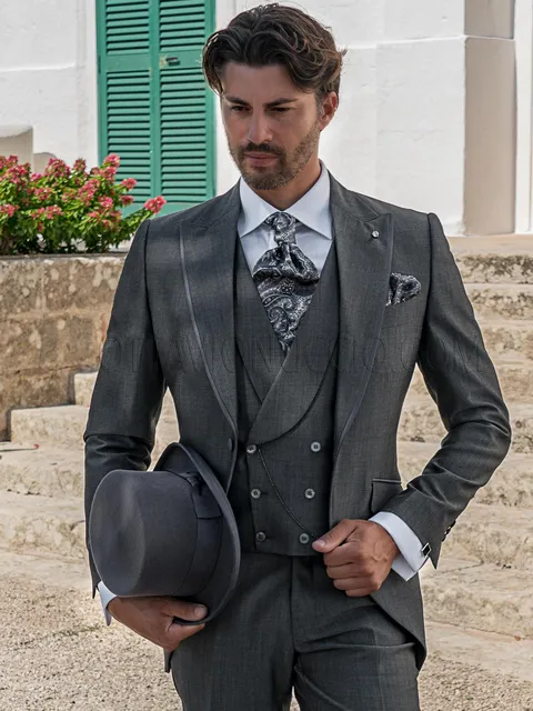Men's fashion grey formal suit with double-breasted waistcoat
