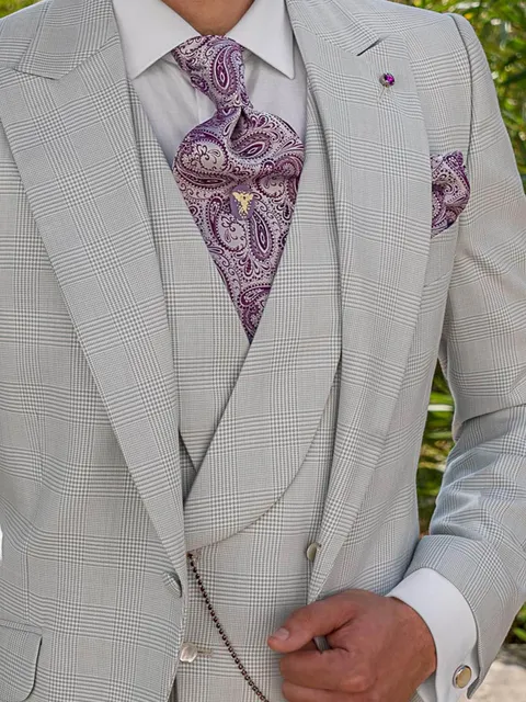 Double-breasted shawl waistcoat in pearl grey Prince of Wales check