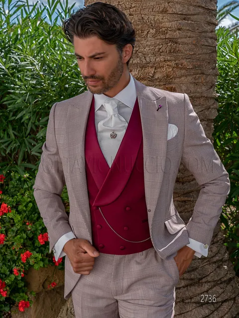 Modern formal suit in bordeaux Prince of Wales check with double-breasted waistcoat