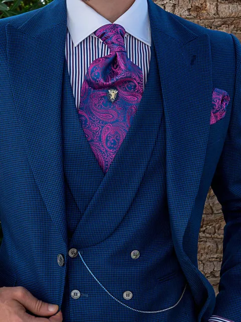 Double-breasted shawl waistcoat in blue houndstooth