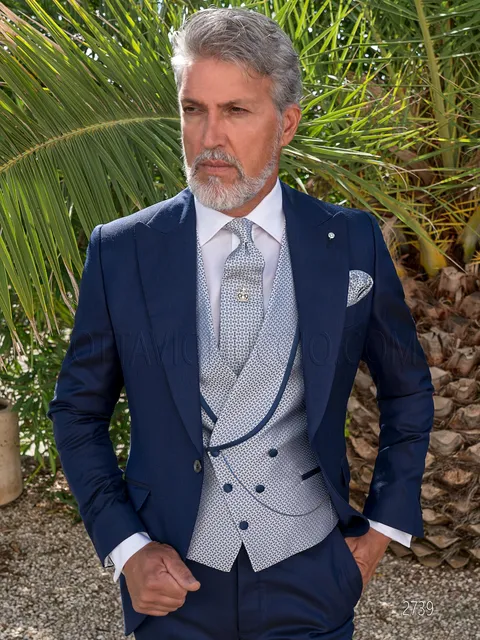 Elegant blue groom suit with double-breasted silk waistcoat