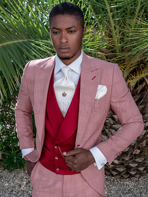 Elegant formal suit in red Prince of Wales check, red double-breasted waistcoat