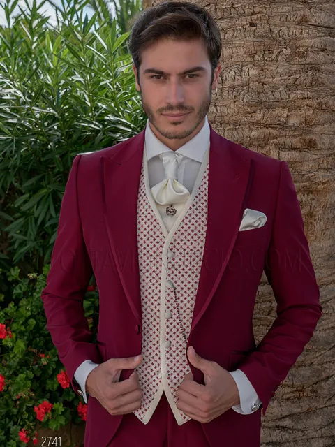 Modern burgundy groom formal suit with embroidered waistcoat