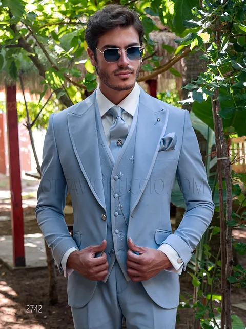 Men's light blue summer formal suit with matching embroidered waistcoat