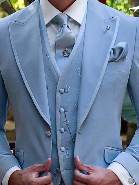 5-button waistcoat in light blue wool blend with tonal embroidery