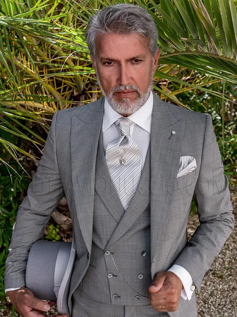 Modern groom morning suit in grey Prince of Wales check, double-breasted waistcoat