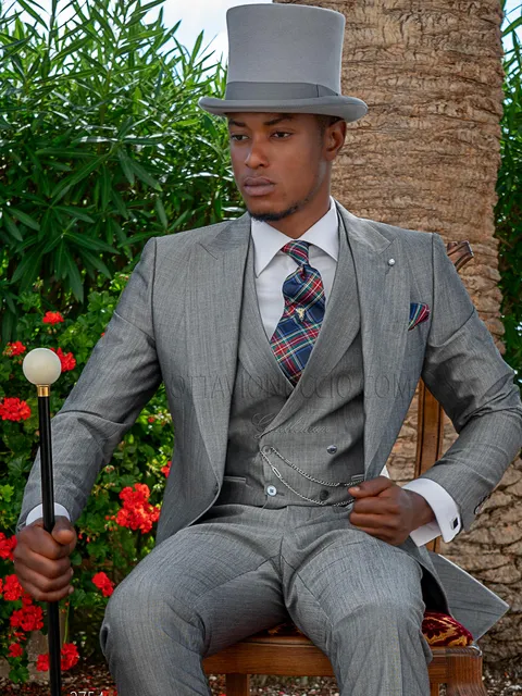 Modern light grey formal half morning suit and double-breasted waistcoat