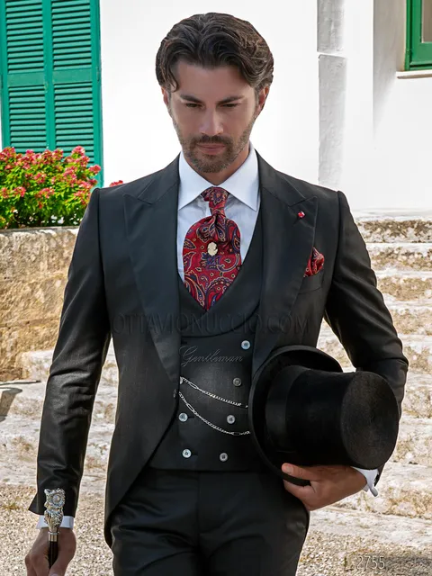 Men's modern black morning suit with red pinstripe, double-breasted shawl lapel waistcoat