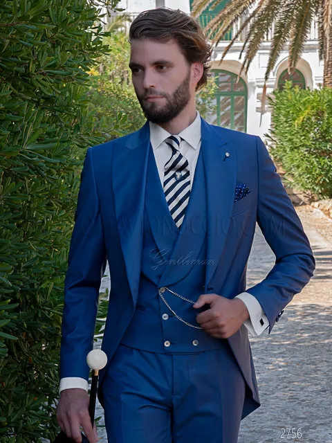 Modern royal blue formal morning suit and double-breasted waistcoat